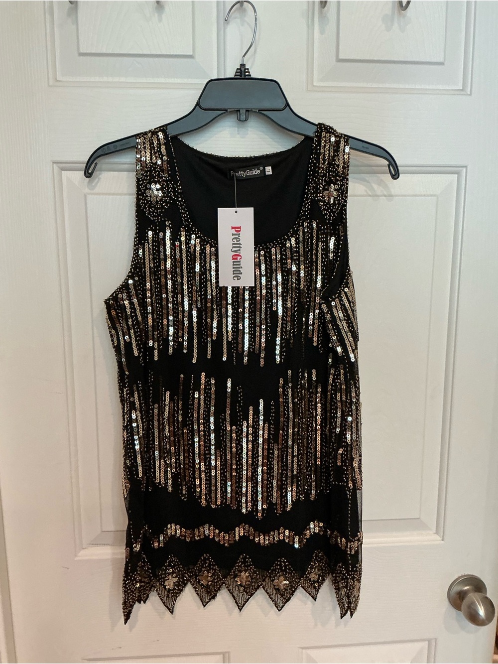 PrettyGuide Black Sequin Tank Top with Gold Accents